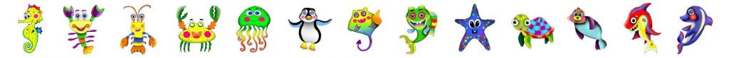 Little Pearls swim level mascots from Seahorse through Dolphin